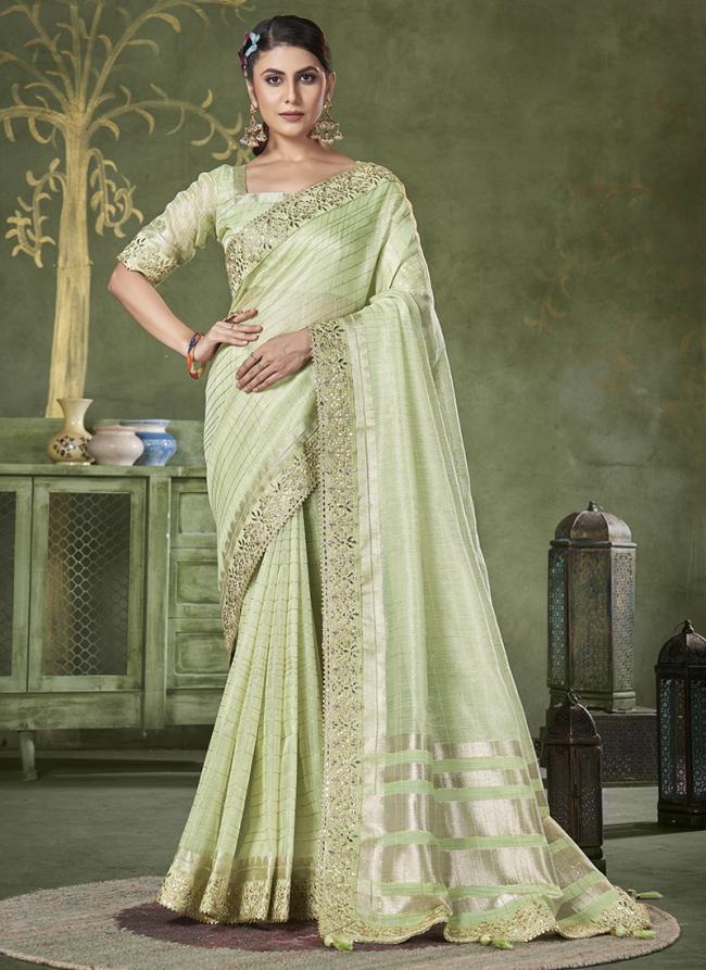 Linen Banarasi Checks Pista Green Party Wear Border Work Saree